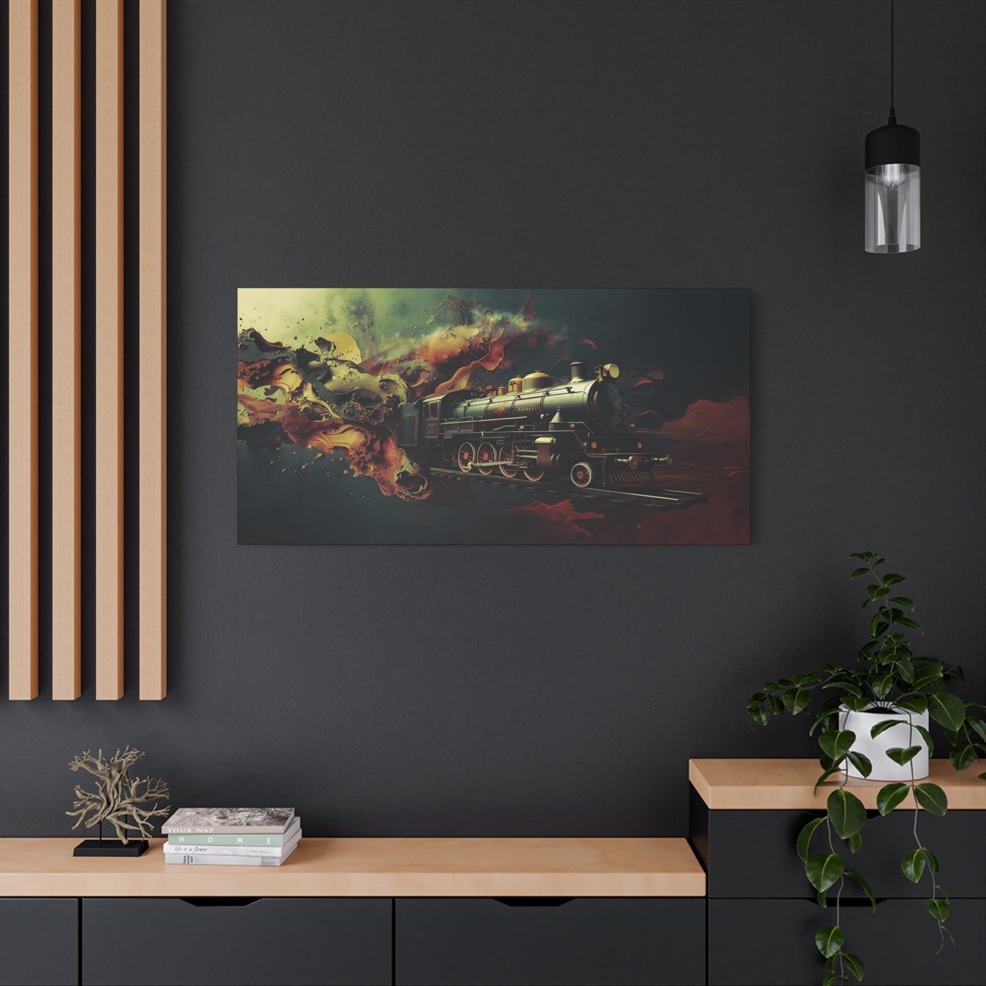 Nostalgic 48″ x 24″ | 121.92 cm x 60.96 cm locomotive wall art on 1.25″ | 3.18 cm stretched matte canvas.