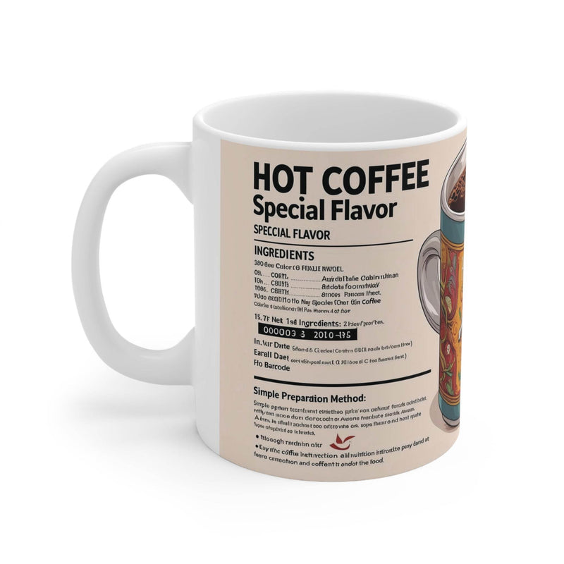 Premium 325ml Kaffeebecher mit einem lebendigen heißer Kaffee Spezialgeschmack Motiv auf glänzender weißer Oberfläche.
