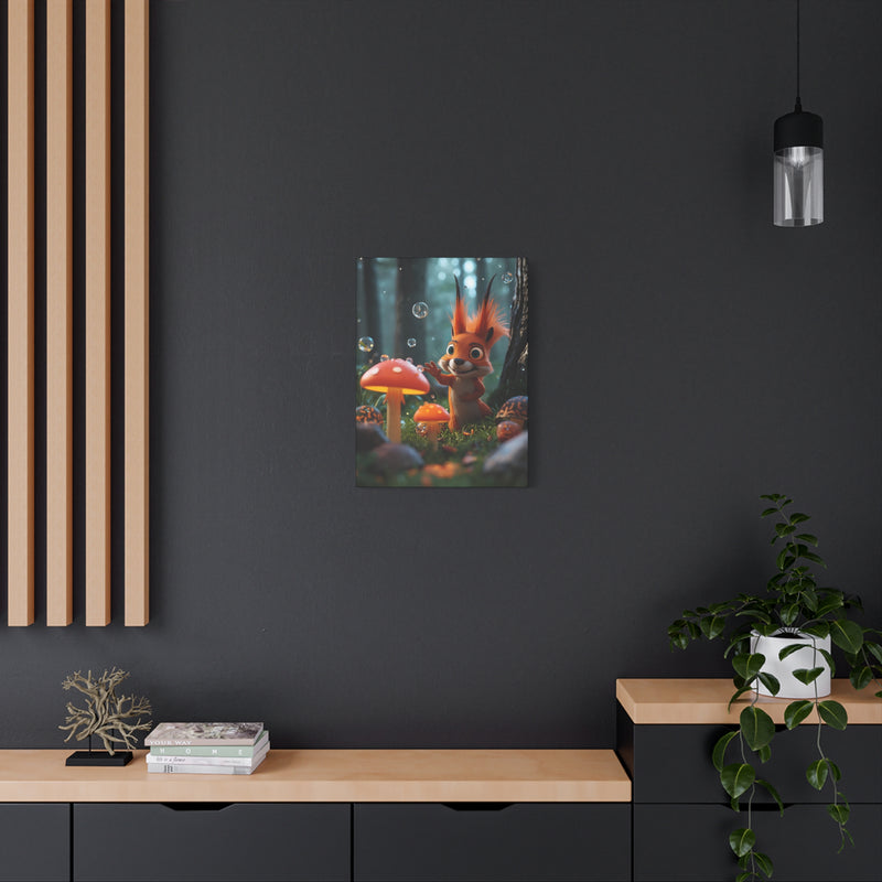 Cute Squirrel & Mushroom Canvas Print — Whimsical Forest Nursery Wall Art