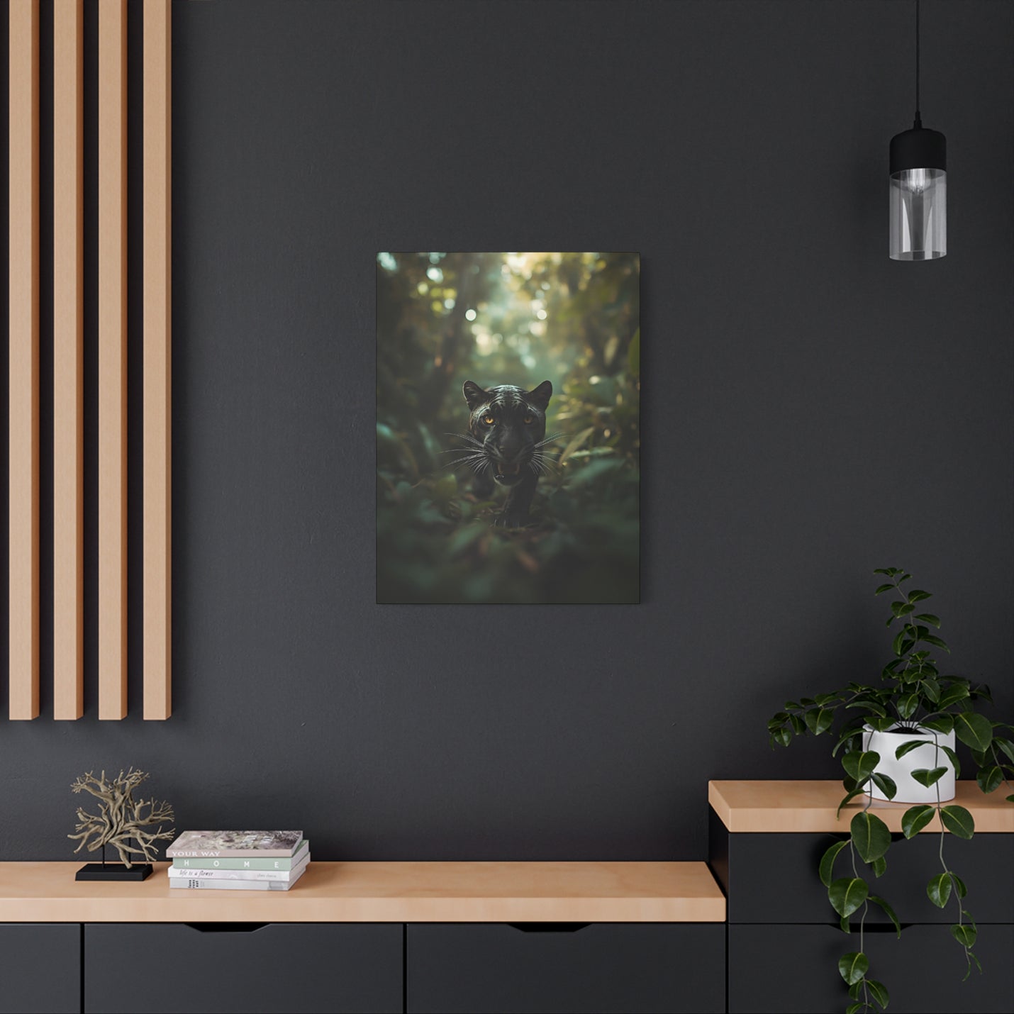 Atmospheric 24″ x 32″ | 60.96 cm x 81.28cm panther portrait wall art on a 1.25″ | 3.18 cm deep glare-free canvas.