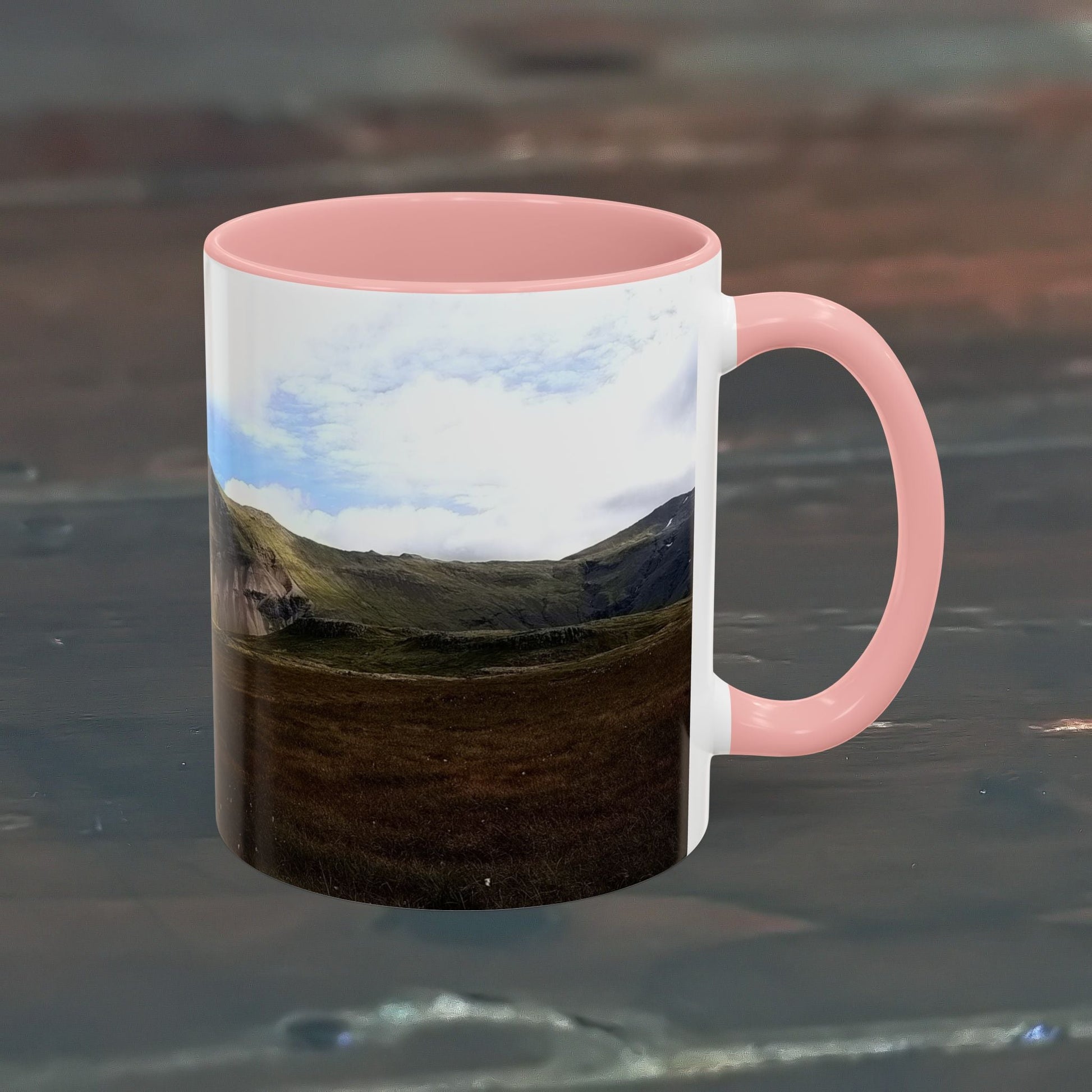 Coffee Mug featuring Iceland scenery with pink interior, 11oz capacity.