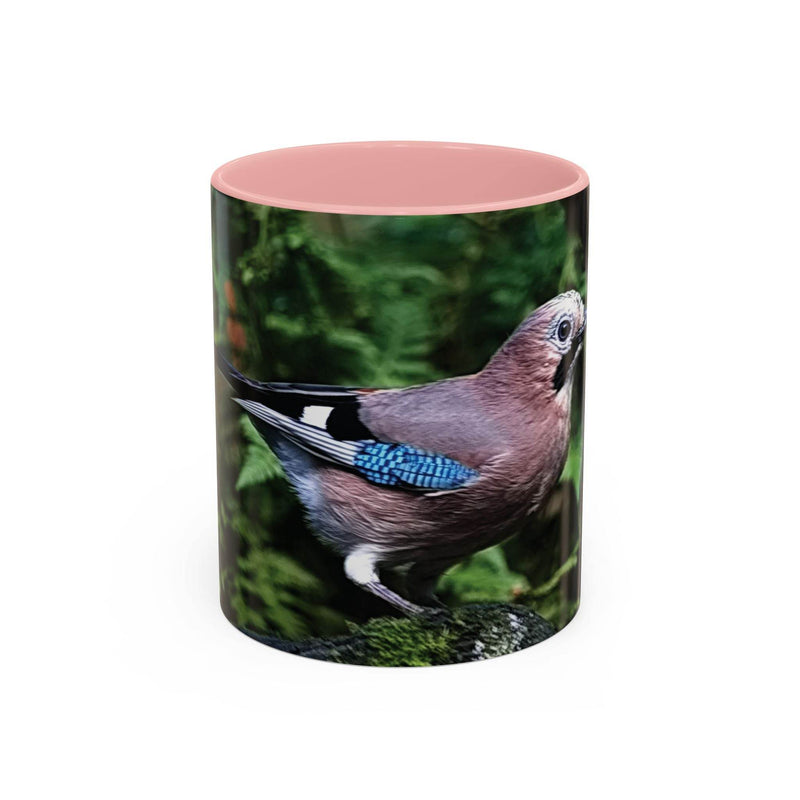325ml bunter Eichelhäher Becher mit rosa Henkel und rosa Innenseite.