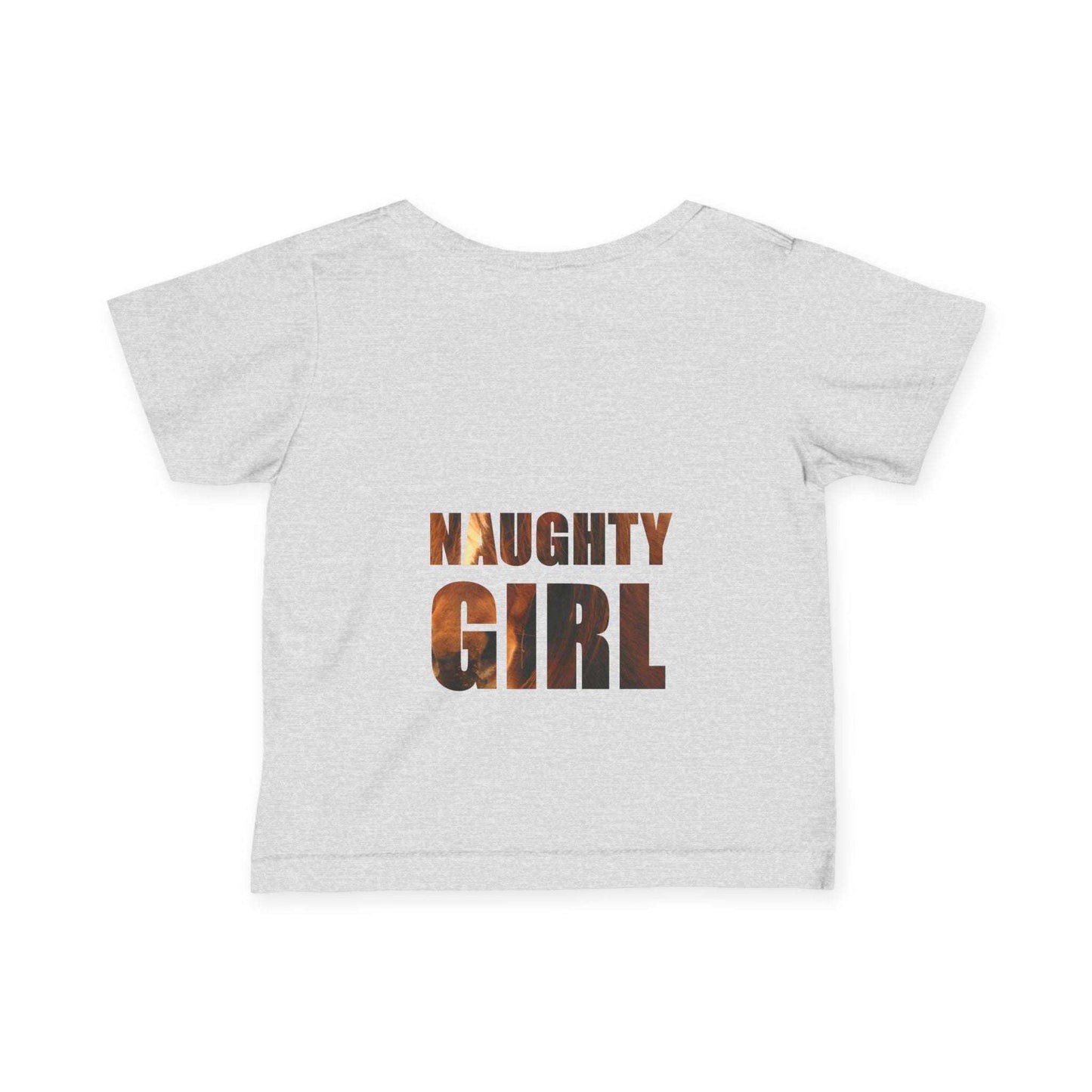 Infant tee with "Naughty Girl" text featuring a horse design, ideal for animal-loving baby girls.
