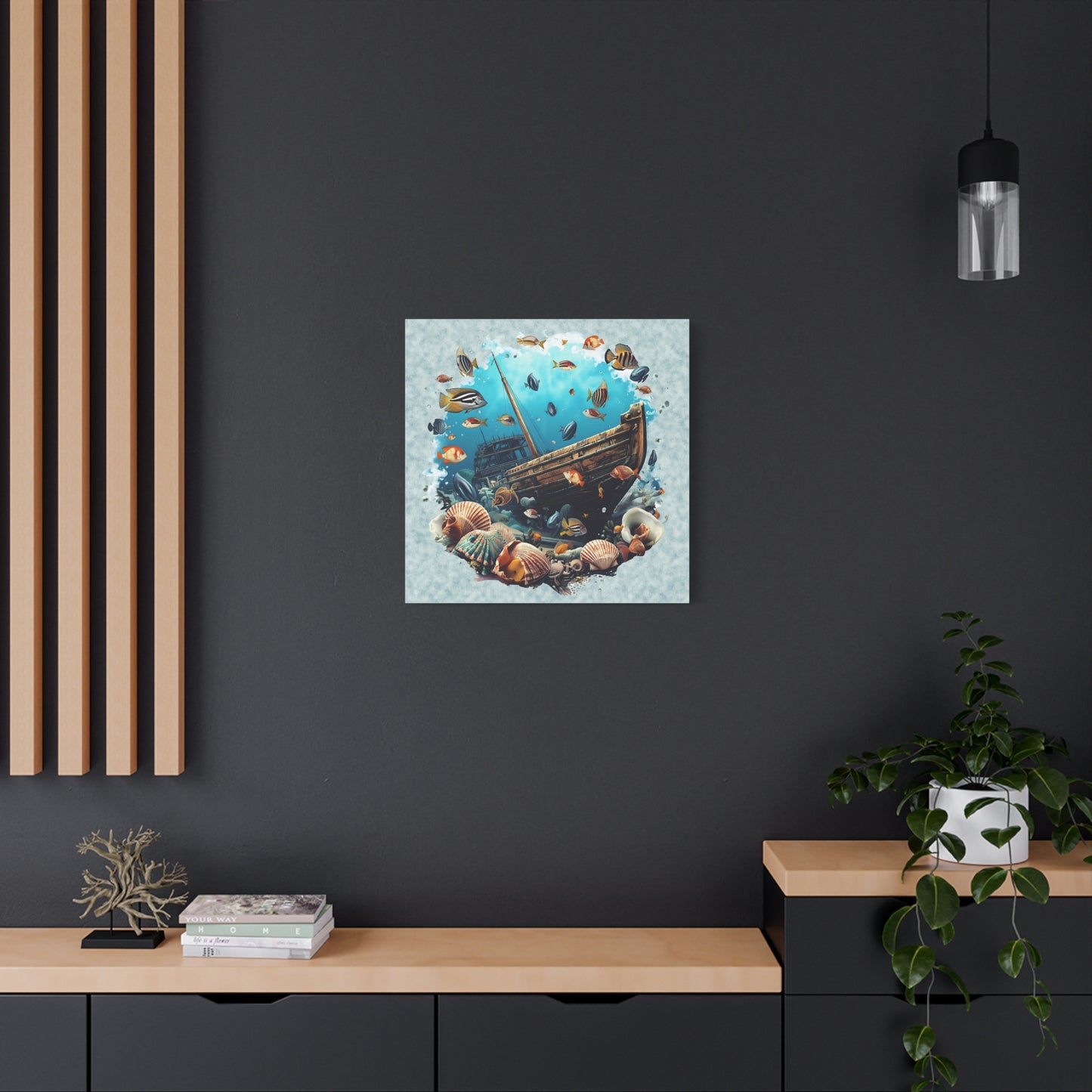 Sunken Ship Ocean Canvas Wall Art — Underwater Fish & Seashell Print