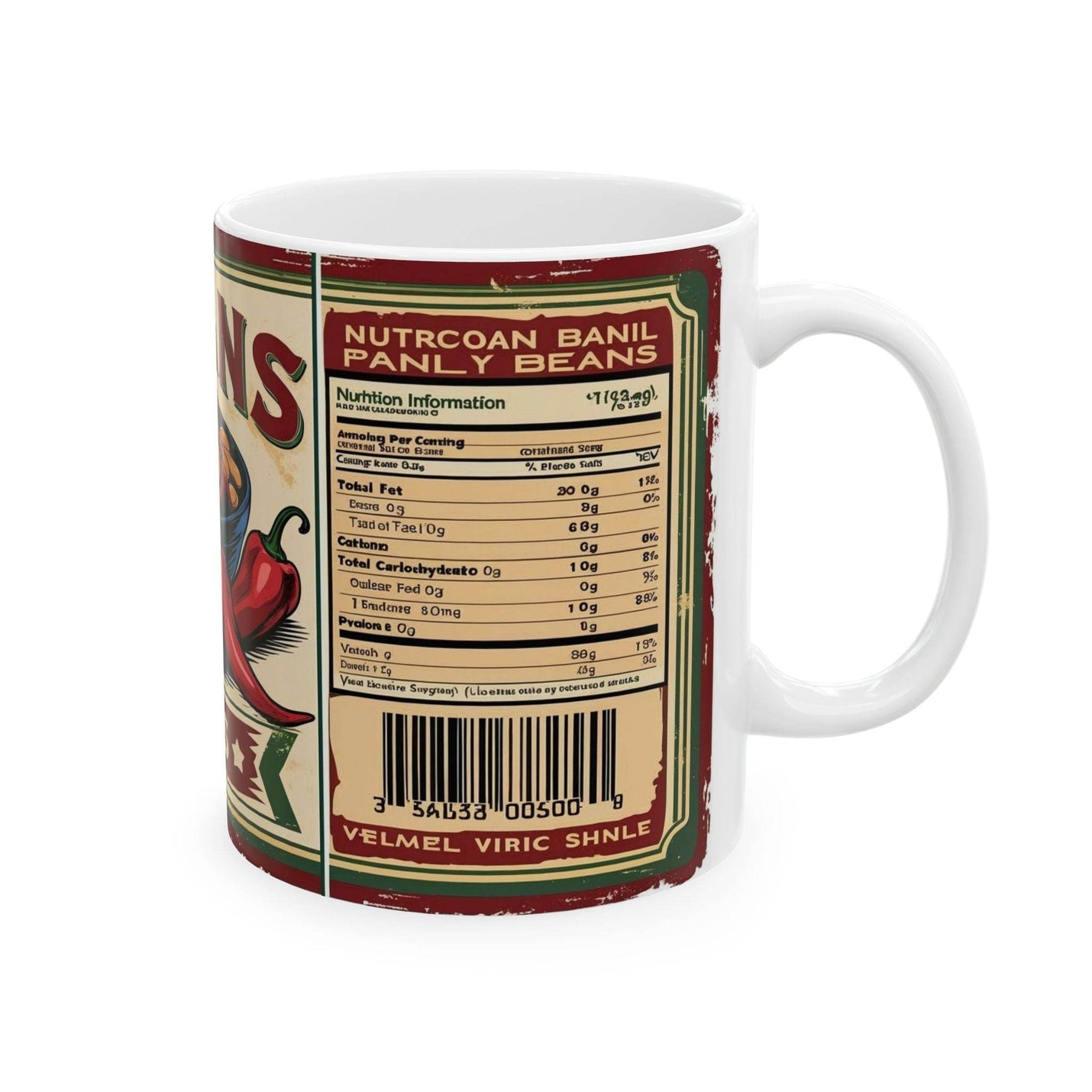 Premium 11oz food themed Mug Can of Chili Beans Ceramic Coffee Mug filled with warm tea on a rustic dining table.