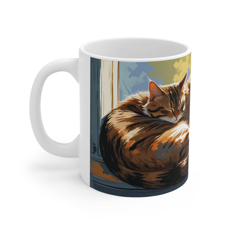Charmanter 325ml Keramik-Becher mit drei friedlich auf einer Fensterbank schlafenden Katzen für einen ruhigen Moment.