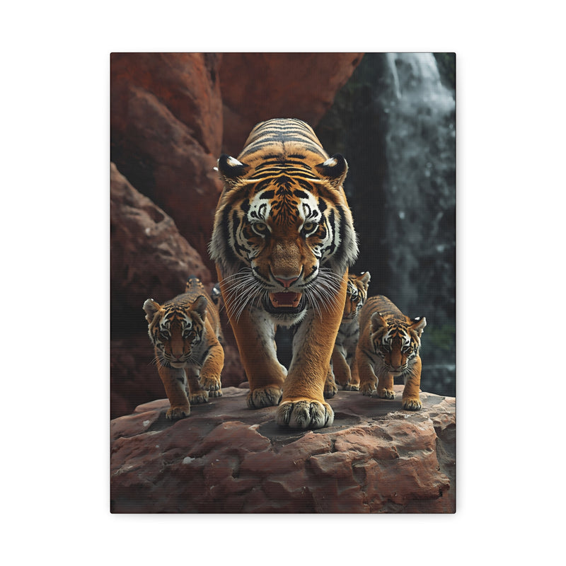 Tiger Family Canvas Print in 12″ x 16″ | 30.48 cm x 40.64 cm size with a stretched 1.25″ | 3.18 cm depth profile.