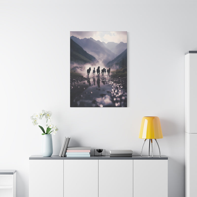 Premium 30″ x 40″ | 76.20 cm x 101.60 cm nature canvas print featuring mist and horses on a 1.25″ | 3.18 cm gallery frame.