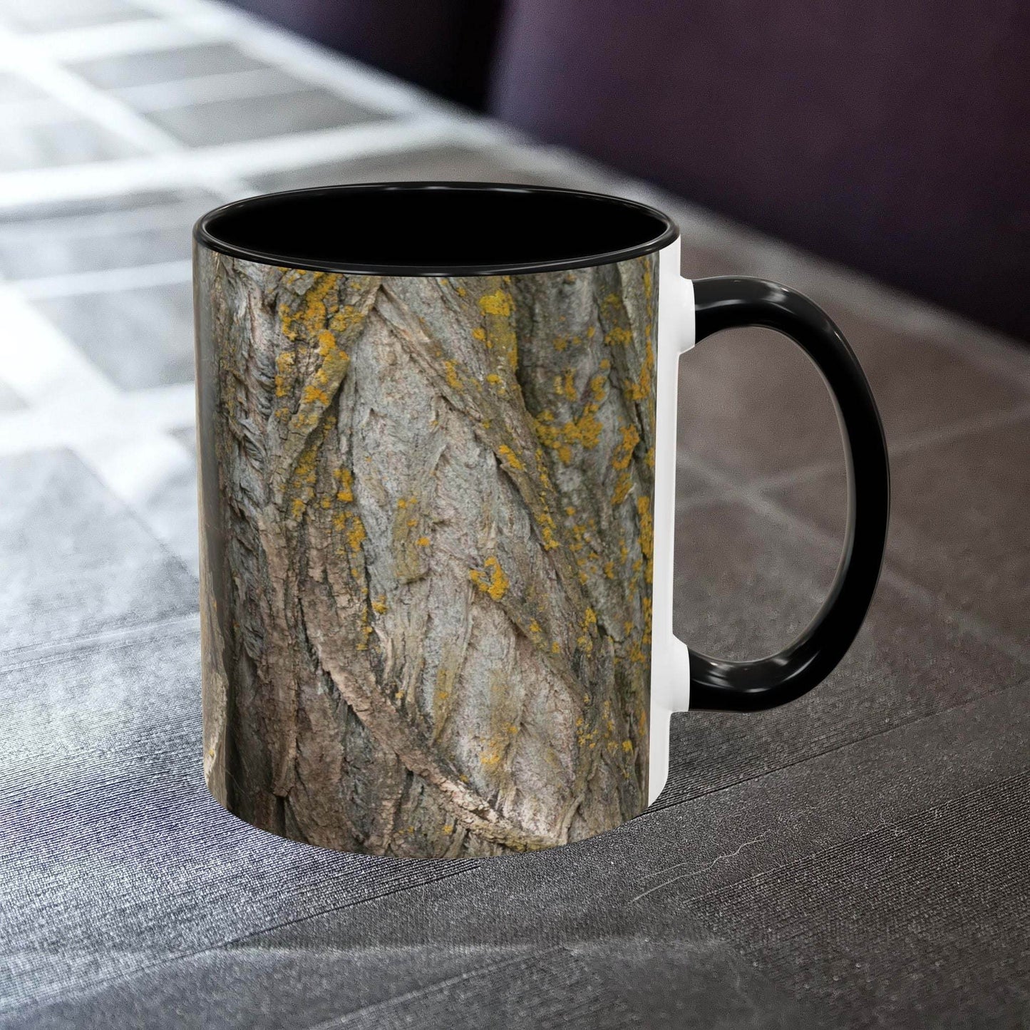 Coffee mug with tree trunk design, perfect for nature lovers and cozy mornings.