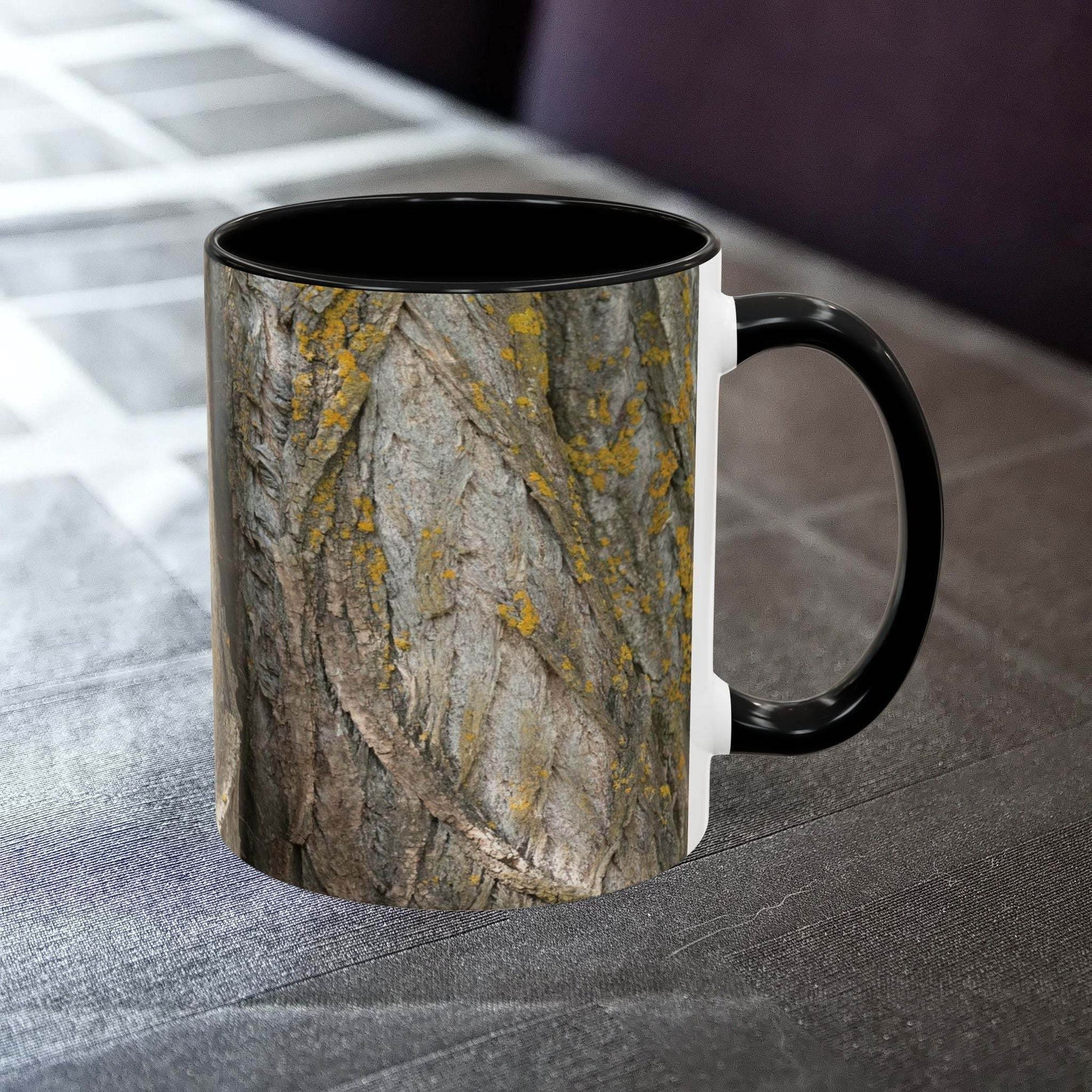 Coffee mug with tree trunk design, perfect for nature lovers and cozy mornings.