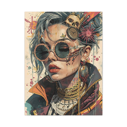 Steampunk Portrait Matte Canvas Art – Edgy Sunglassed Woman Wall Decor