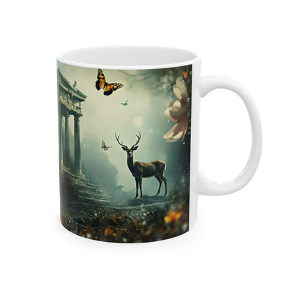 Mythic Garden Ceramic Mug — Ancient Ruins, Dear & Butterfly Floral Coffee Cup (11oz/15oz)