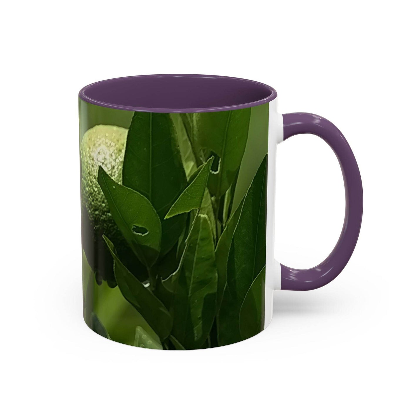 Farbenfroher Kaffebecher mit Früchten in der Größe 325ml, ausgestattet mit einem lila Henkel und lila Innenseite.