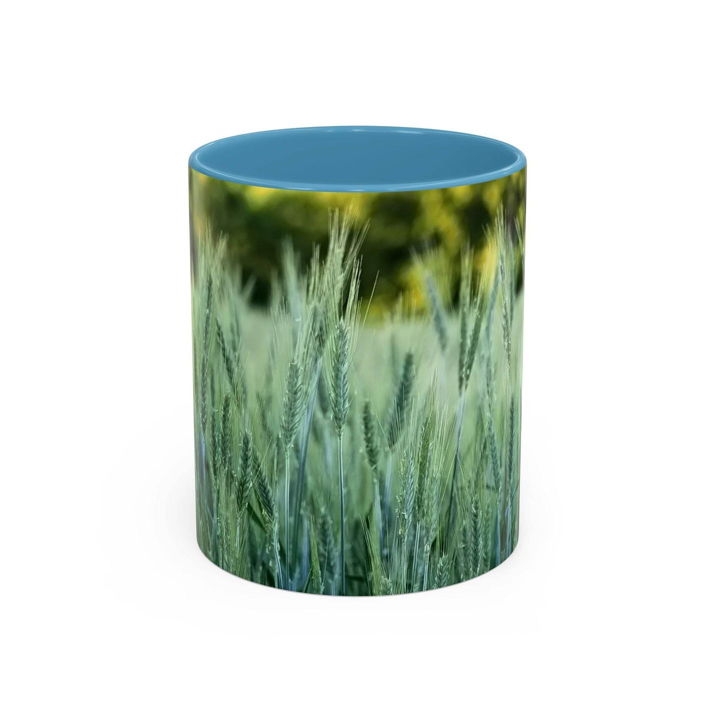 Cozy morning scene with 11oz Mug - Wheat Field Design Coffee Mug with a light blue handle and inside layer.