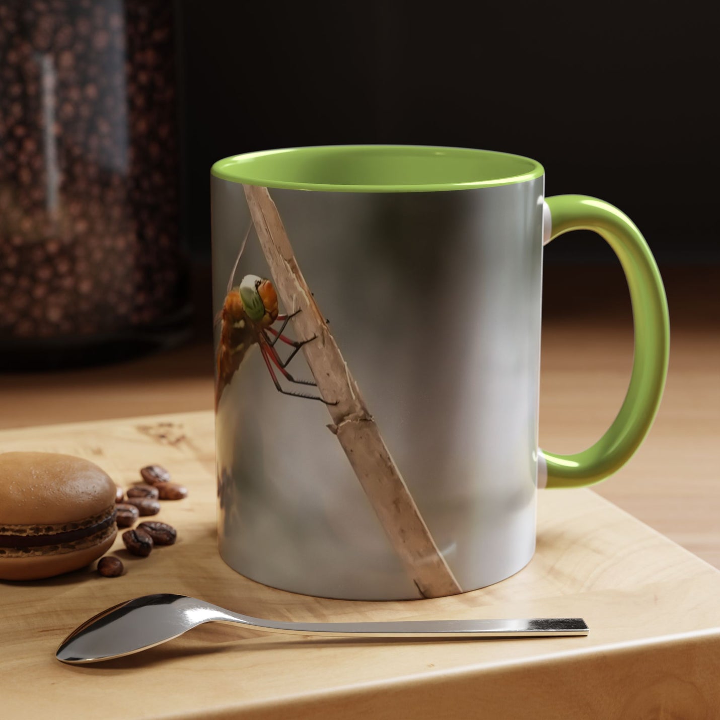 Beautiful 325ml dragonfly mug with a smooth finish, a perfect gift idea featuring a bold light green handle and light green inside.