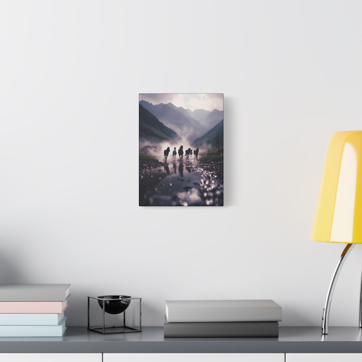 Premium 9″ x 12″ | 22.86 cm x 30.48 cm nature canvas print featuring mist and horses on a 1.25″ | 3.18 cm gallery frame.