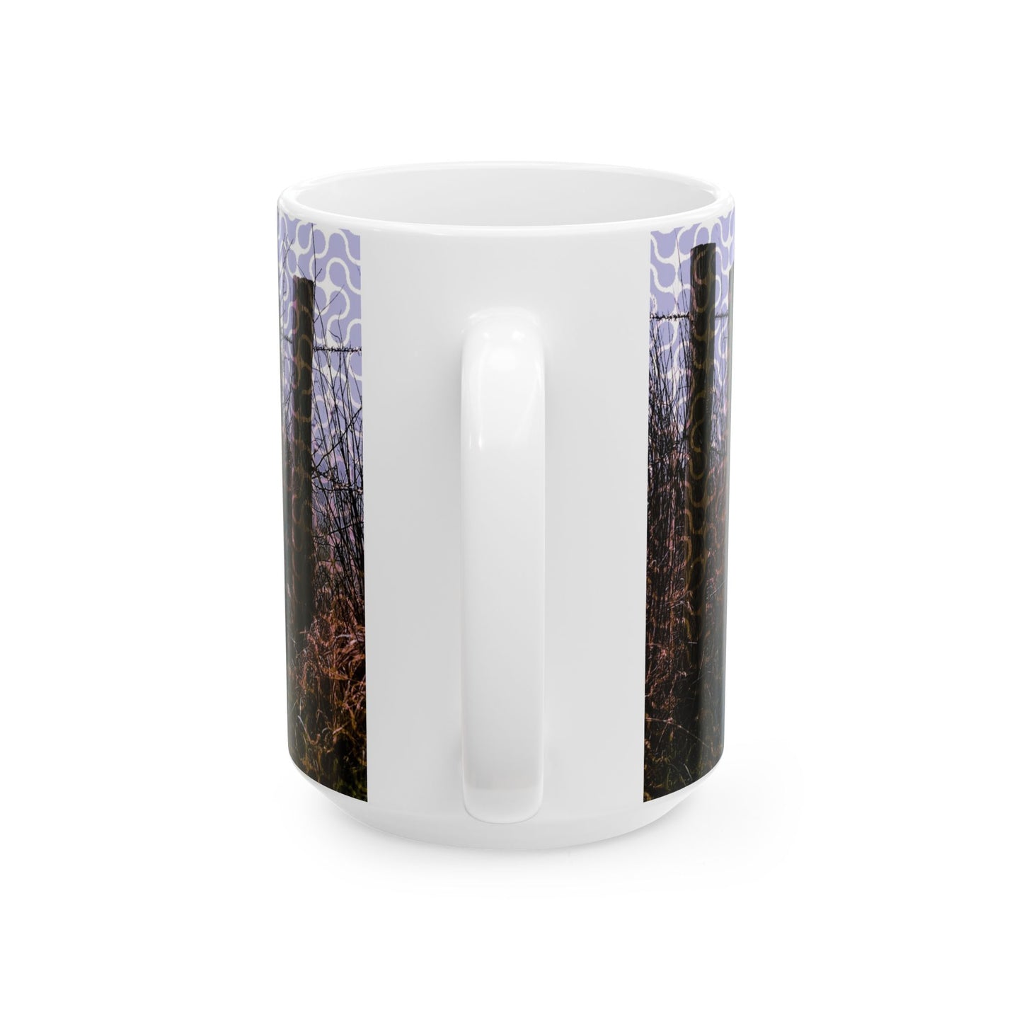 Durable 15oz microwave-safe nature coffee mug, perfect as a calm desktop companion shrine for creative late-night tea breaks.