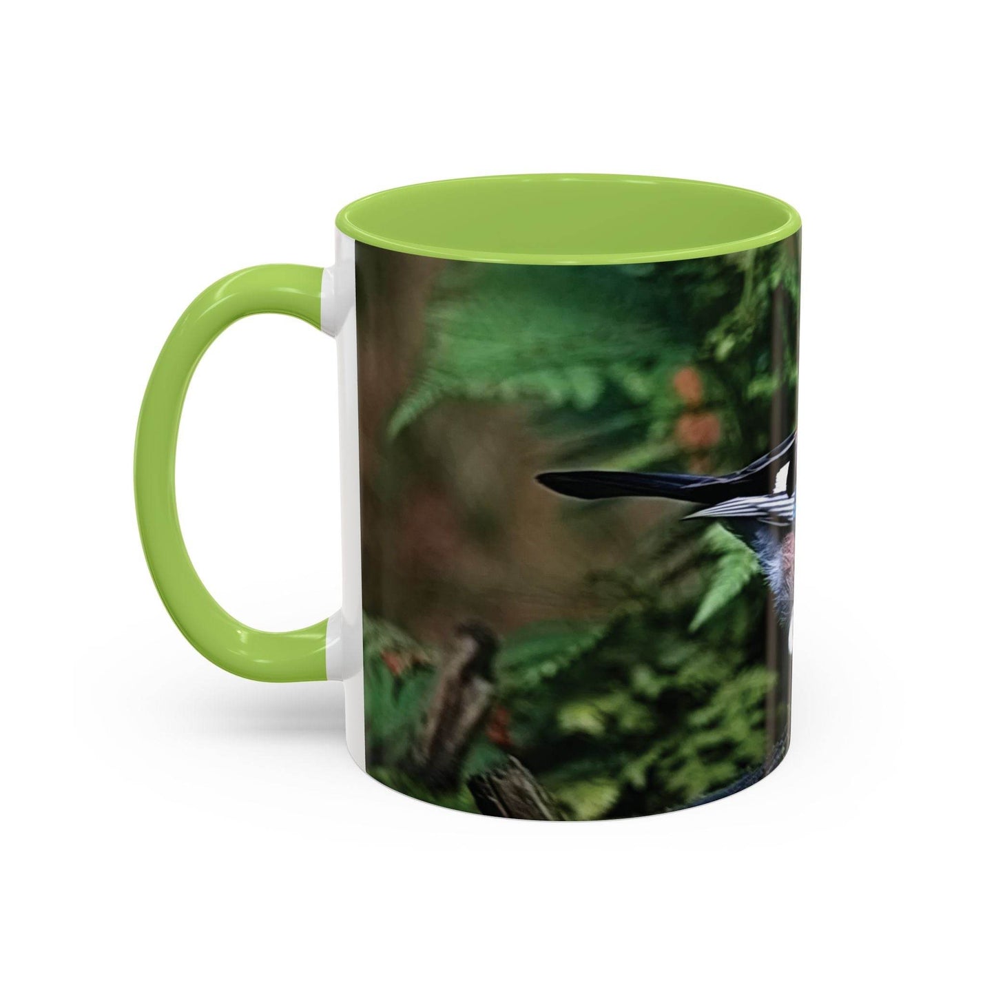 Vogelliebhaber Becher 325ml mit buntem Eichelhäher und hellgrünem Griff.