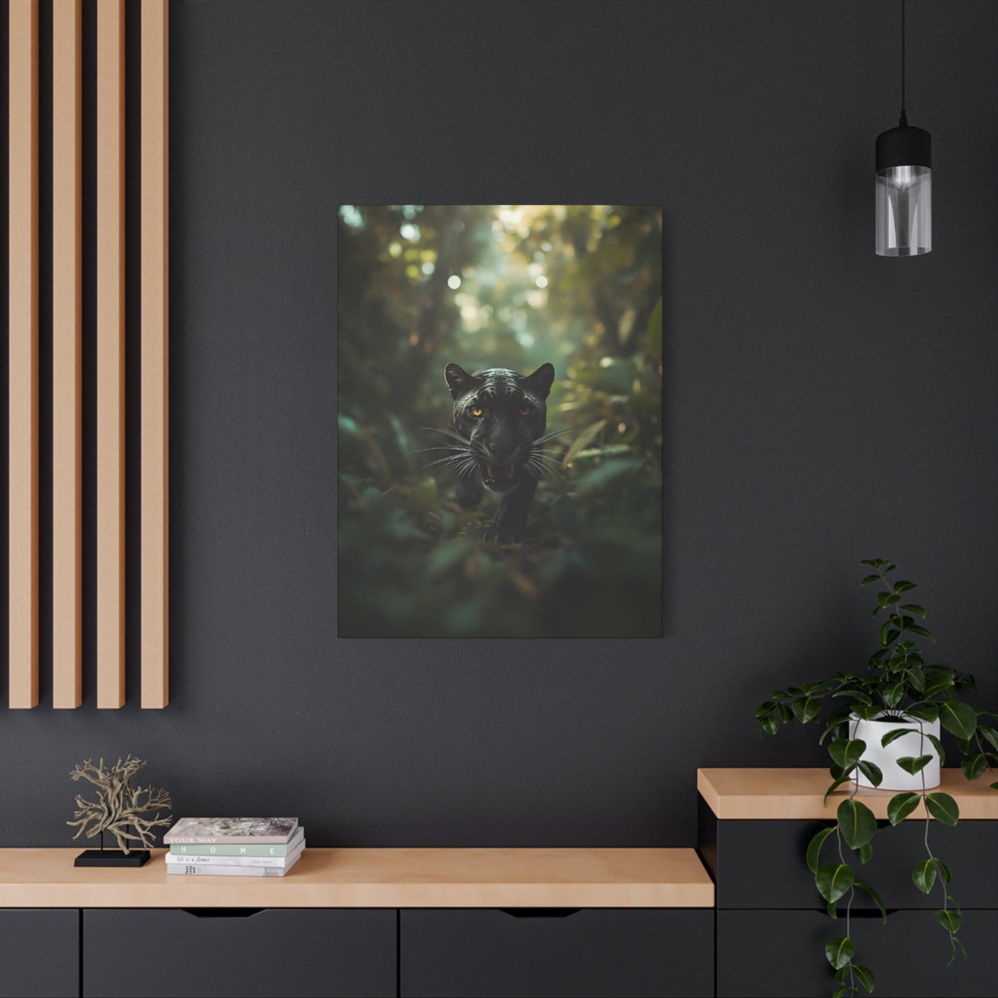 Atmospheric 30″ x 40″ | 76.20 cm x 101.60 cm panther portrait wall art on a 1.25″ | 3.18 cm deep glare-free canvas.