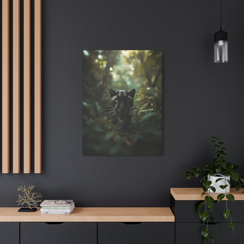 Atmospheric 30″ x 40″ | 76.20 cm x 101.60 cm panther portrait wall art on a 1.25″ | 3.18 cm deep glare-free canvas.
