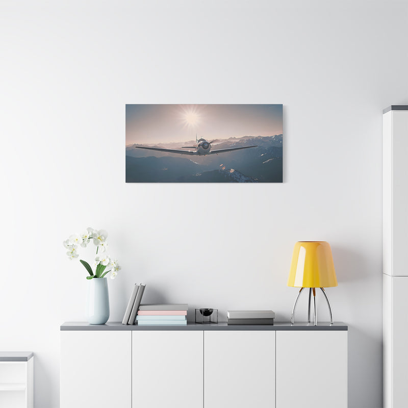 Vintage Airplane Wall Art Canvas – Stretched Matte Canvas Plane Over Mountains
