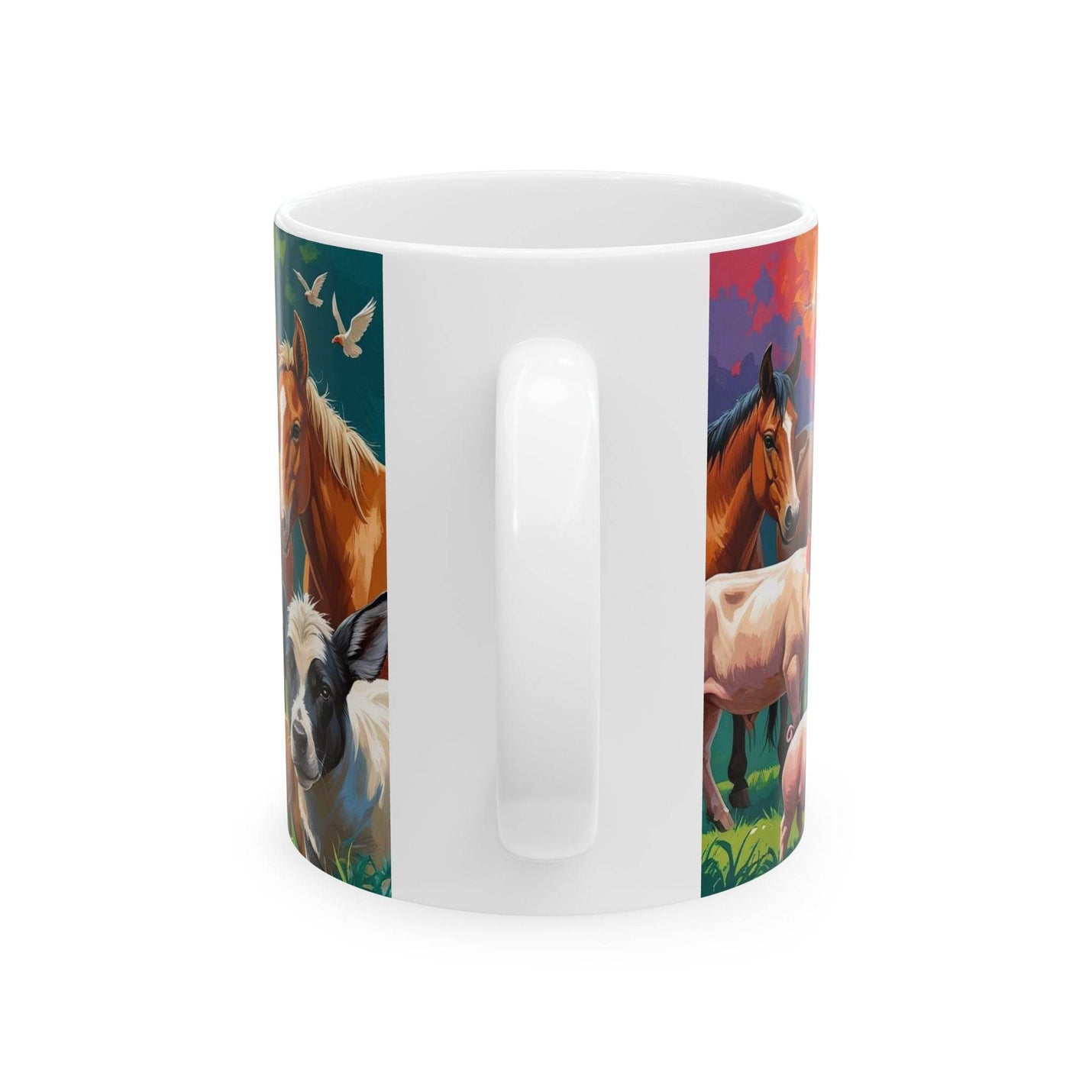 Rustic morning view of a 11oz Mug Farm Animals Ceramic Mug - Gift for Animal Lovers near a sunlit room window for a relaxed break.