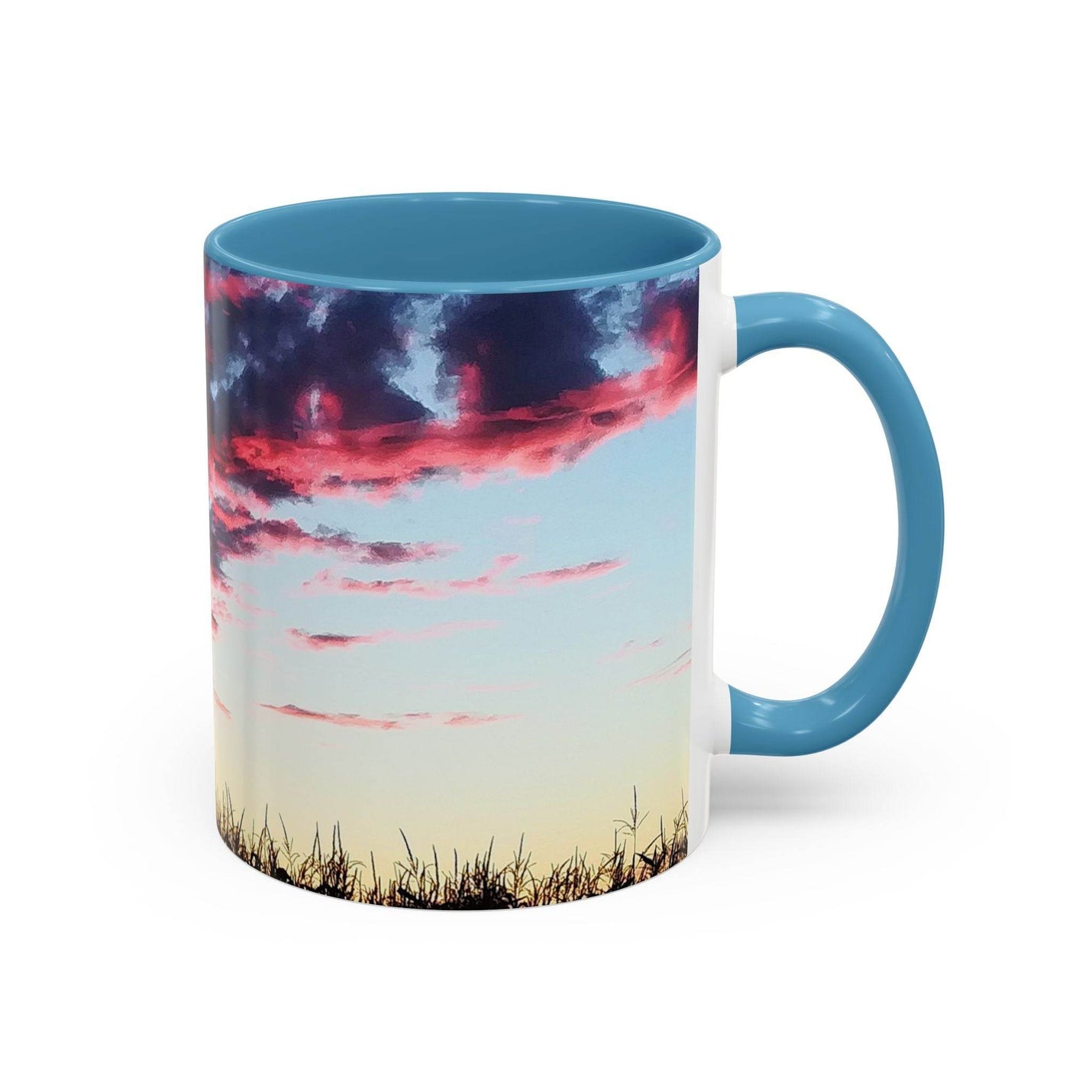 Premium 11oz nature inspired Sunset Accent Coffee Mug showing its light blue handle and light blue inside.