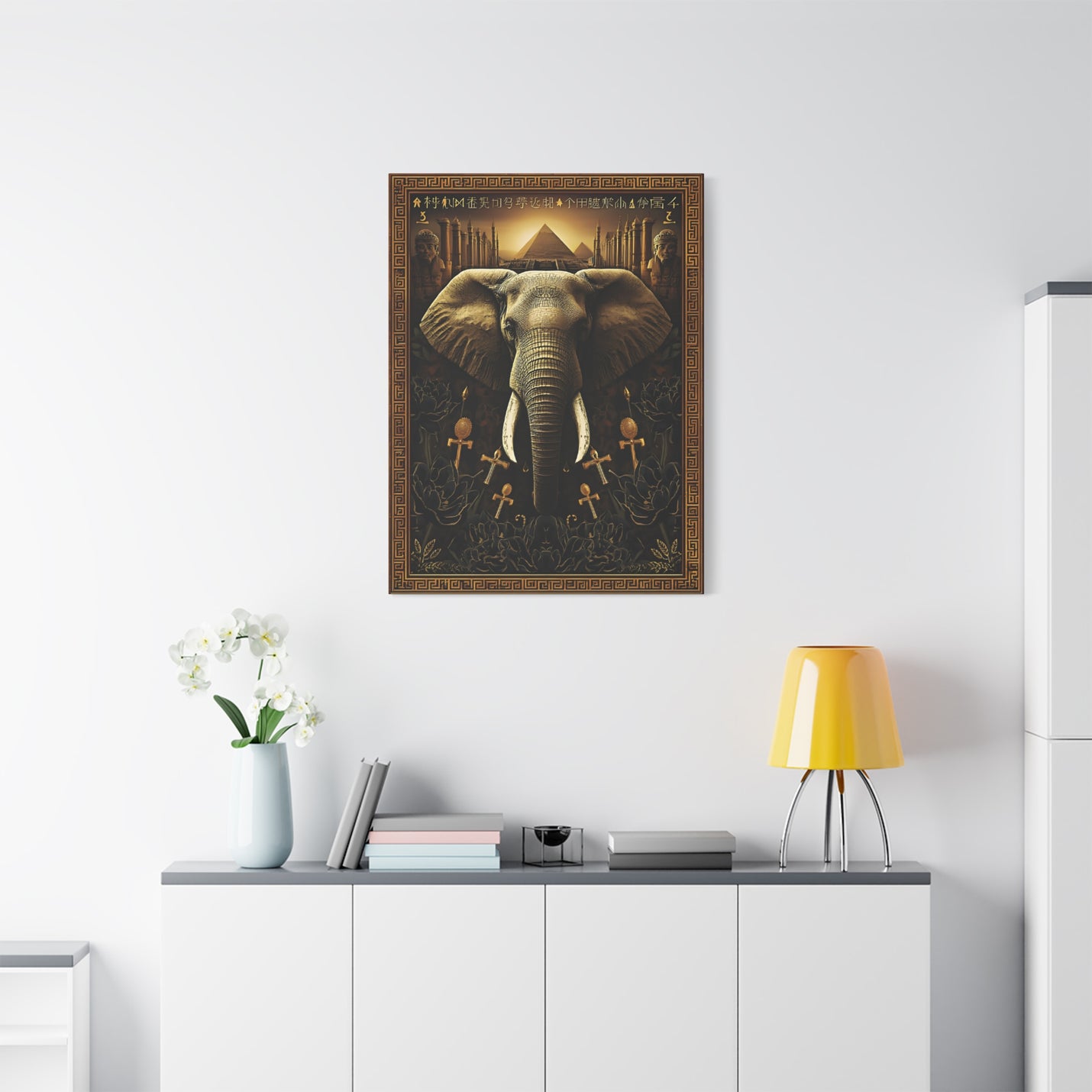 Premium 30″ x 40″ | 76.20 cm x 101.60 cm mythic elephant canvas print with a 1.25″ | 3.18 cm thick gallery profile.