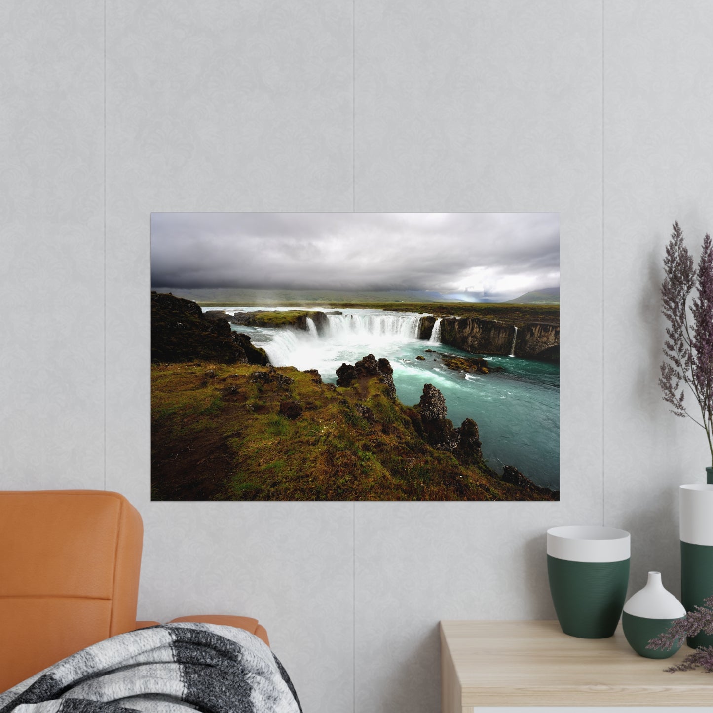 Poster, Godafoss waterval Noord-IJsland, Fotografie print, Wanddecoratie, Natuurkunst, Huisdecoratie