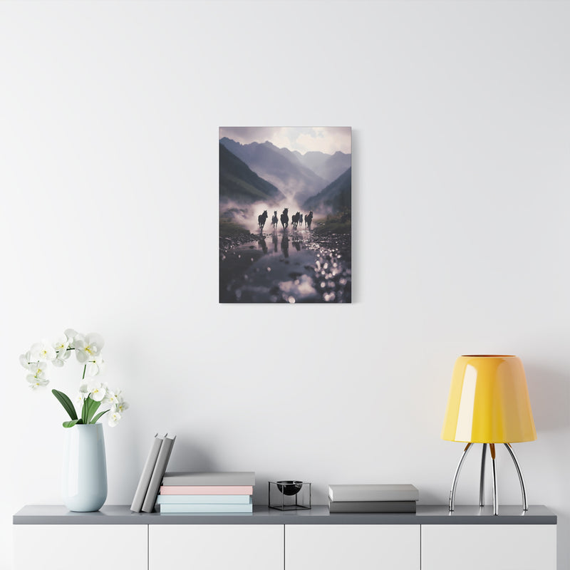 Premium 18″ x 24″ | 45.72 cm x 60.96 cm nature canvas print featuring mist and horses on a 1.25″ | 3.18 cm gallery frame.