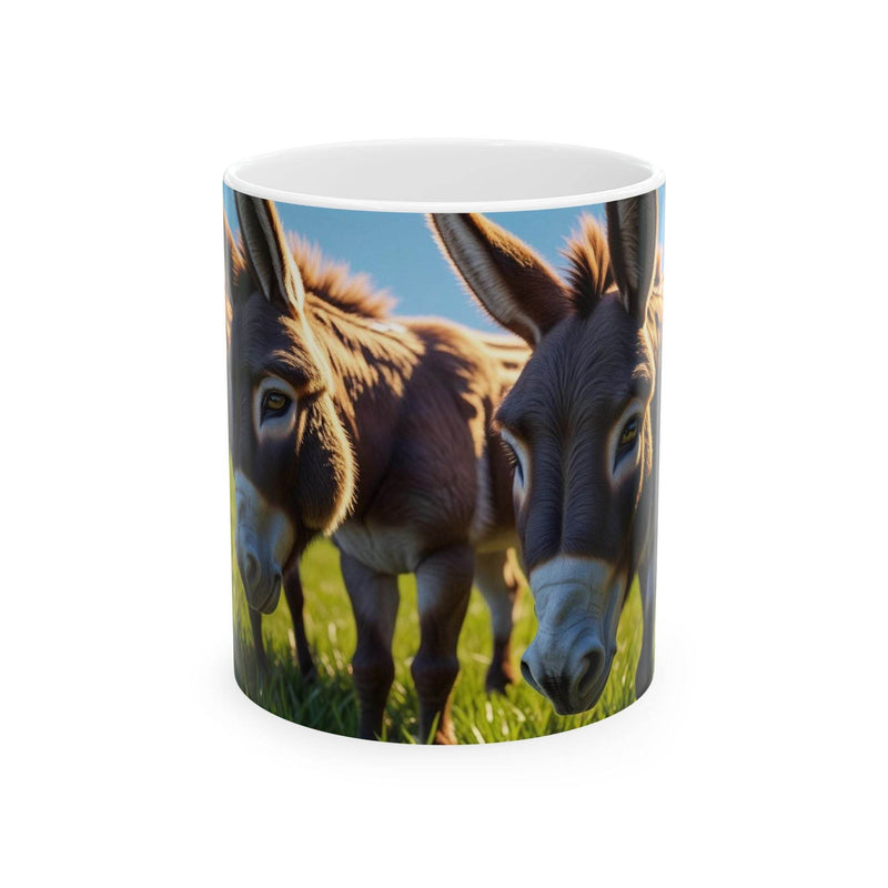 Charming 11oz Mug with cute donkeys - Coffee Mug standing beautifully right next to fresh green indoor botanical plants.