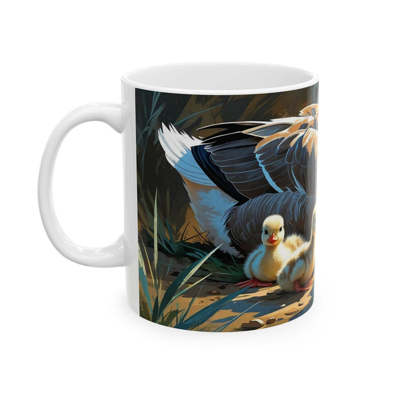 White ceramic coffee mug 11oz with a beautiful goose and little goslings design.