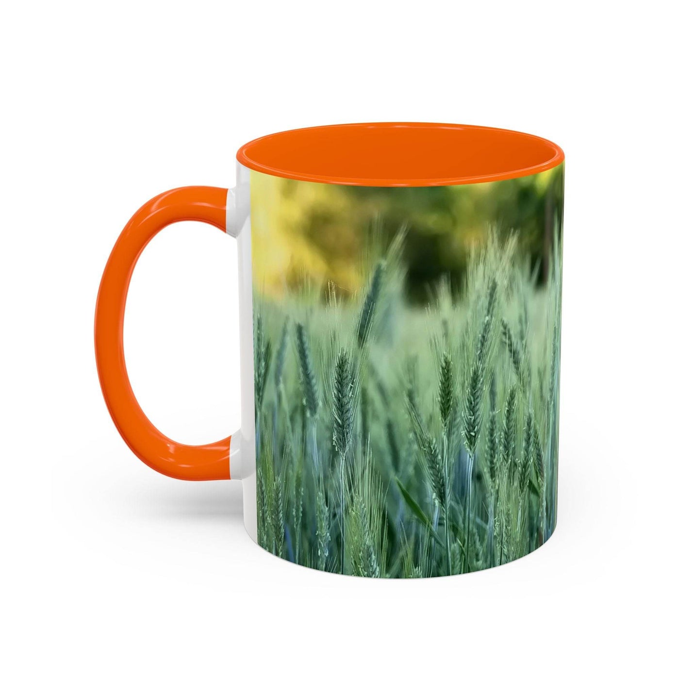 Nature inspired 11oz Mug - Wheat Field Design Coffee Mug with an orange handle and orange inside surface.