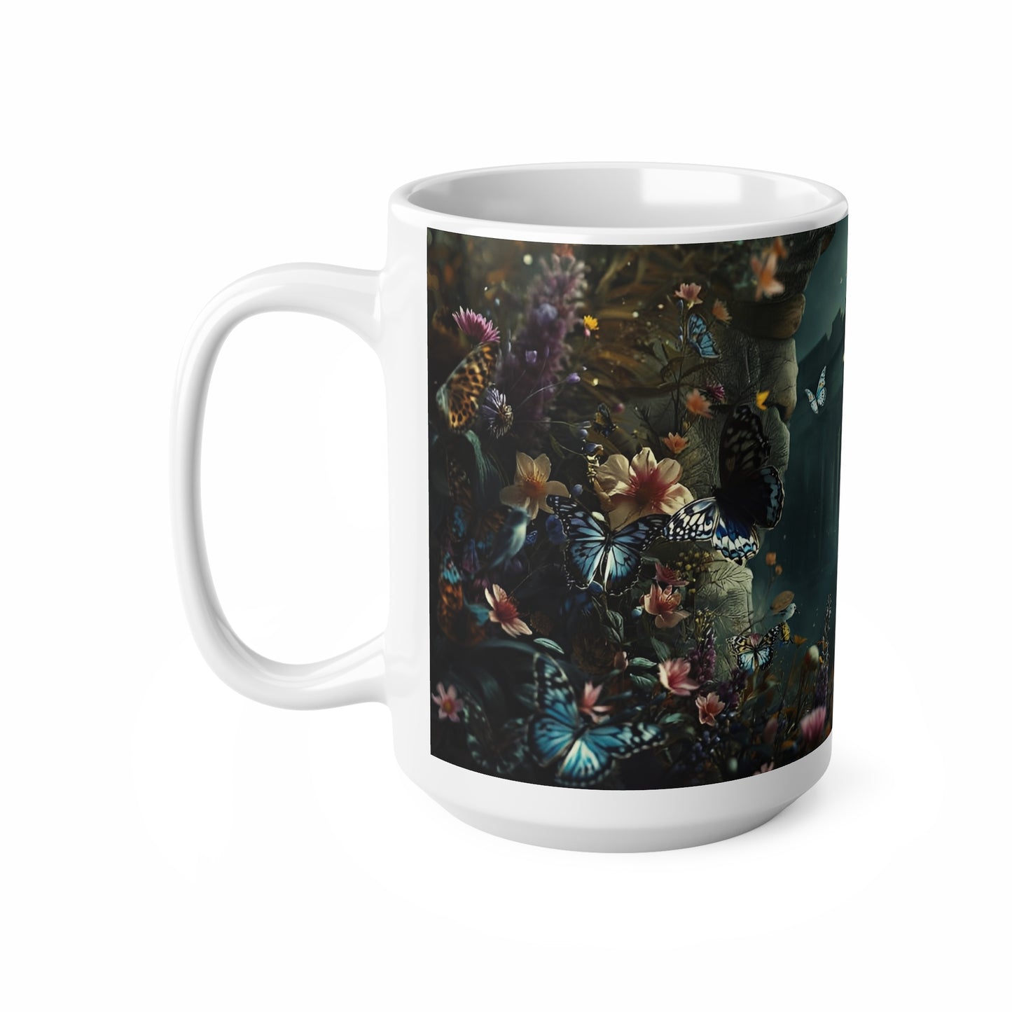 Mythic Garden Ceramic Mug — Ancient Ruins, Dear & Butterfly Floral Coffee Cup