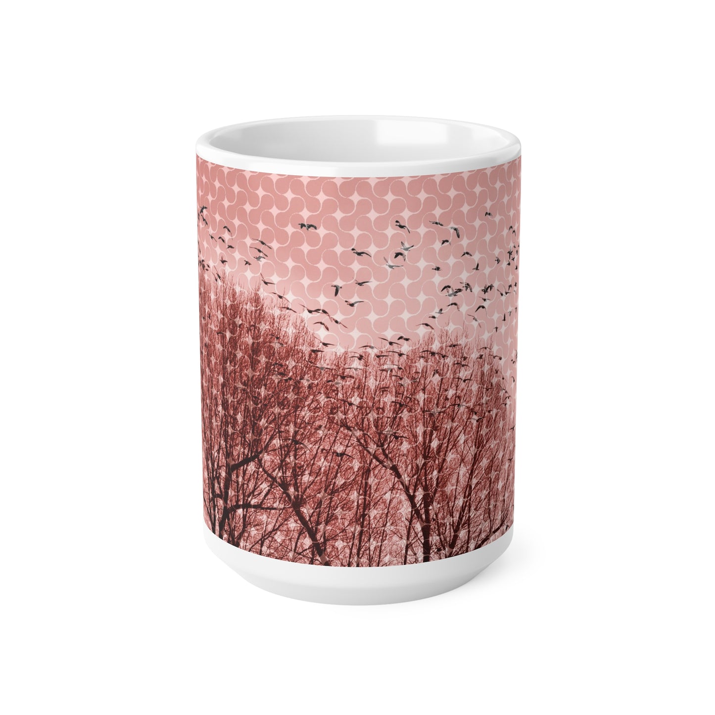 Birds at Dusk Ceramic Mug — Pink Tree Silhouette Coffee Mug