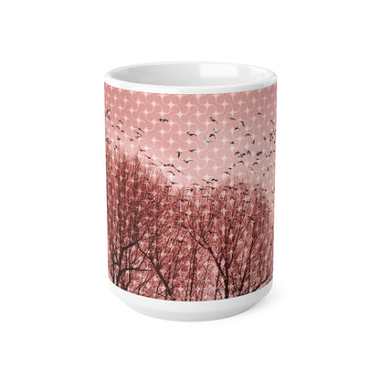 Birds at Dusk Ceramic Mug — Pink Tree Silhouette Coffee Mug