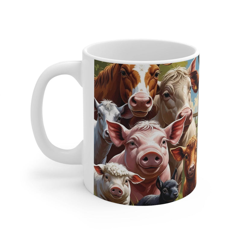 Premium 325ml Kaffeebecher mit einem neugierigen Bauernhoftiere-Design auf einer glänzenden Oberfläche für die rustikale Küche.