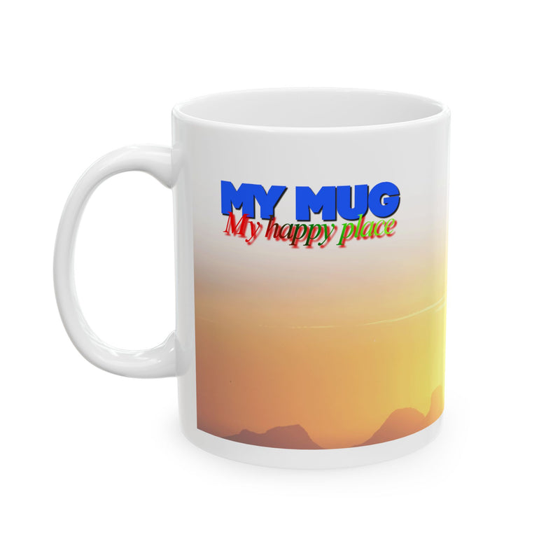 Scenic 11oz My Mug 'My Happy Place' Ceramic Coffee Mug — Midnight Sun Scenic showing golden sky on a modern kitchen counter.