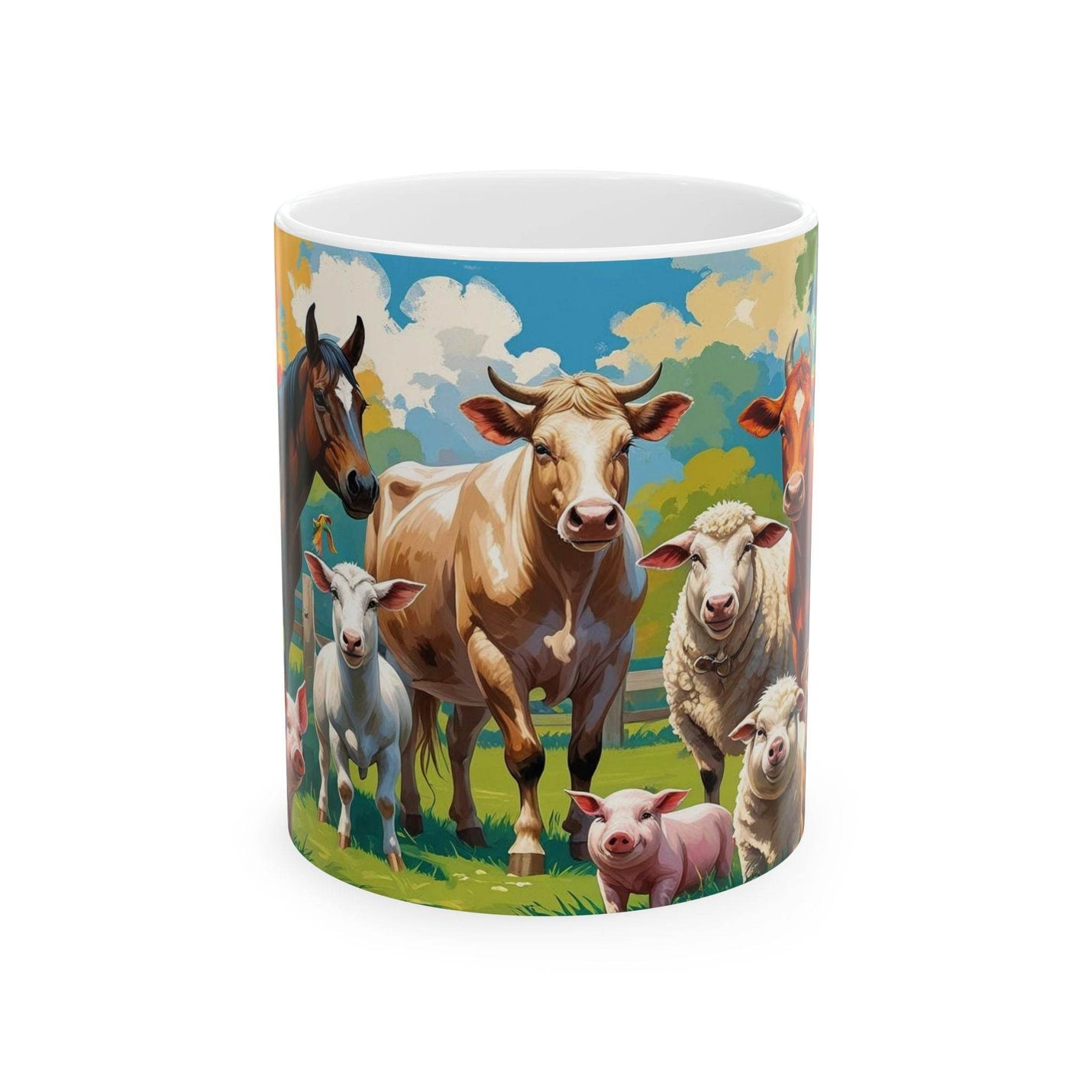 Cozy 11oz Mug Farm Animals Ceramic Mug - Gift for Animal Lovers standing beautifully next to fresh green botanical indoor plants.