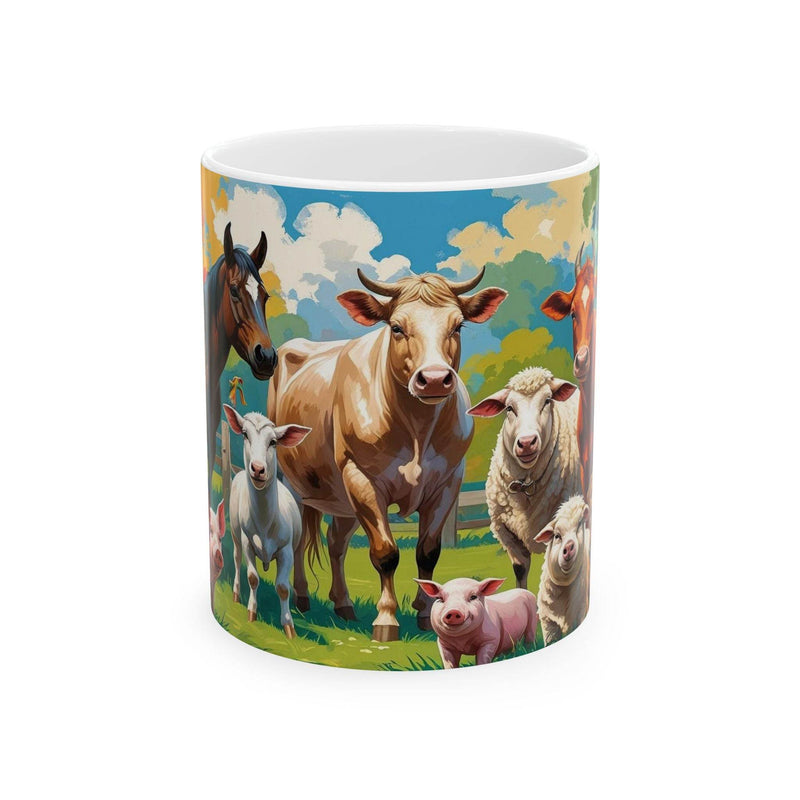Cozy 11oz Mug Farm Animals Ceramic Mug - Gift for Animal Lovers standing beautifully next to fresh green botanical indoor plants.