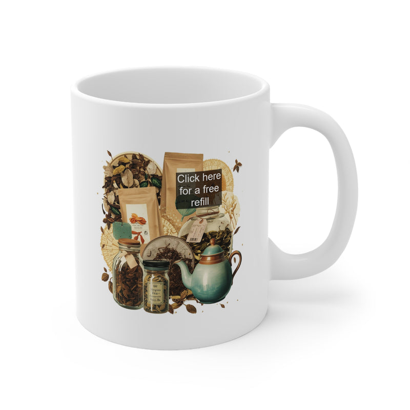 Glänzender 325ml Keramik-Kaffeebecher mit dem humorvollen Spruch Click Here for a Free Refill, perfekt für Küche oder Büro.