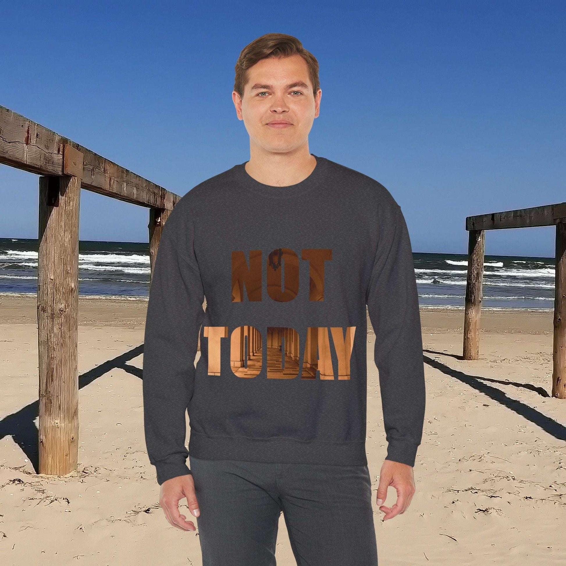 Cozy Unisex Crewneck Sweatshirt with "Not today, maybe tomorrow" design against a beach backdrop.