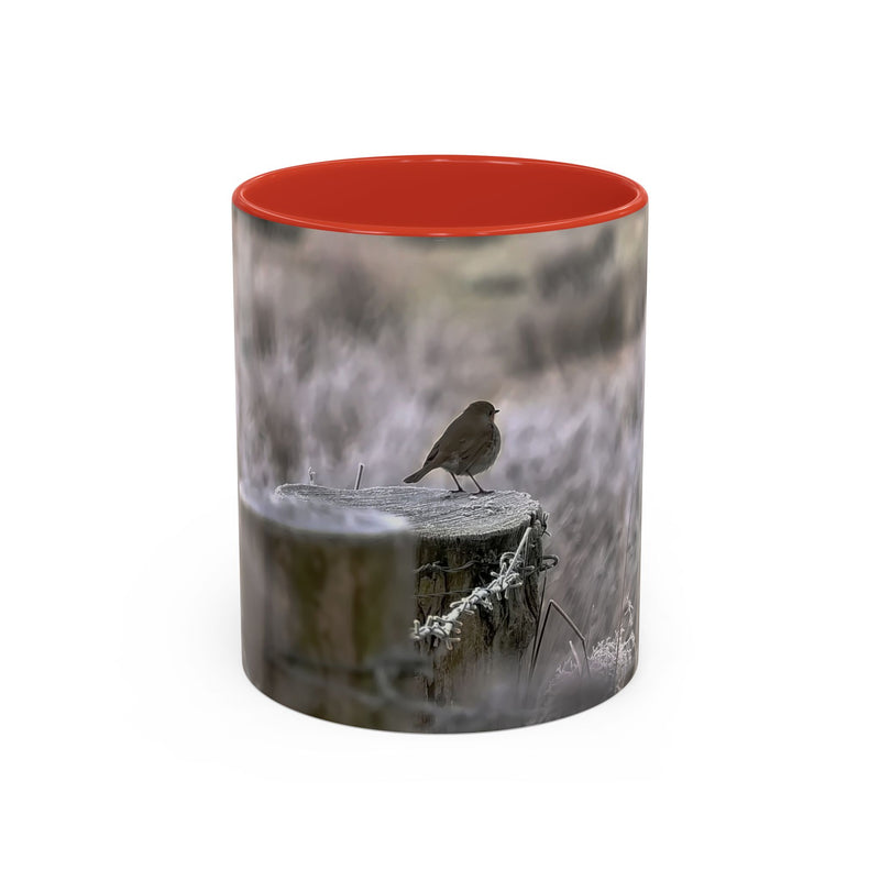 11oz mug featuring a robin nature print with a Red handle and interior.