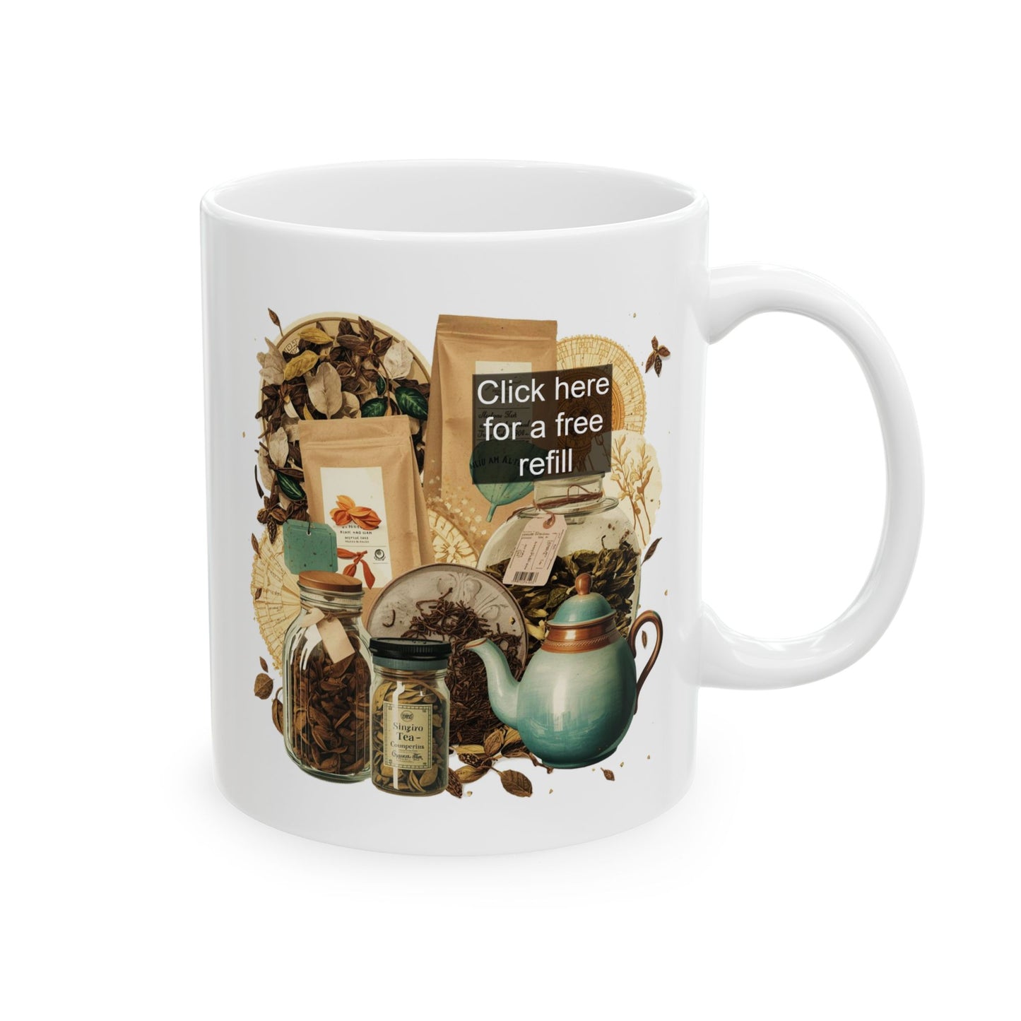 "Click Here for a Free Refill" Ceramic Coffee Mug — 11oz & 15oz