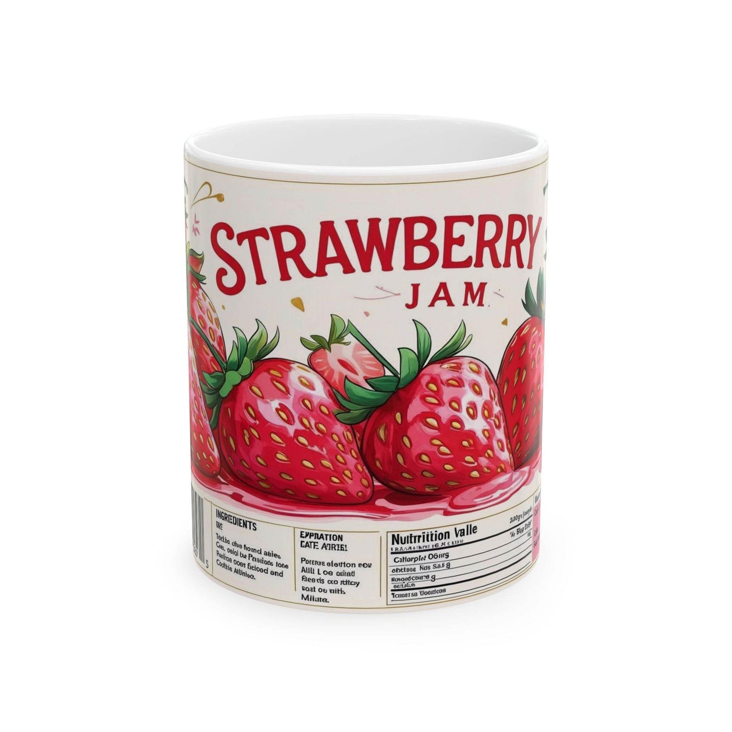Charming 11oz Mug - Sweet Strawberry Jam Design Coffee Mug standing beautifully next to fresh green indoor botanical plants.