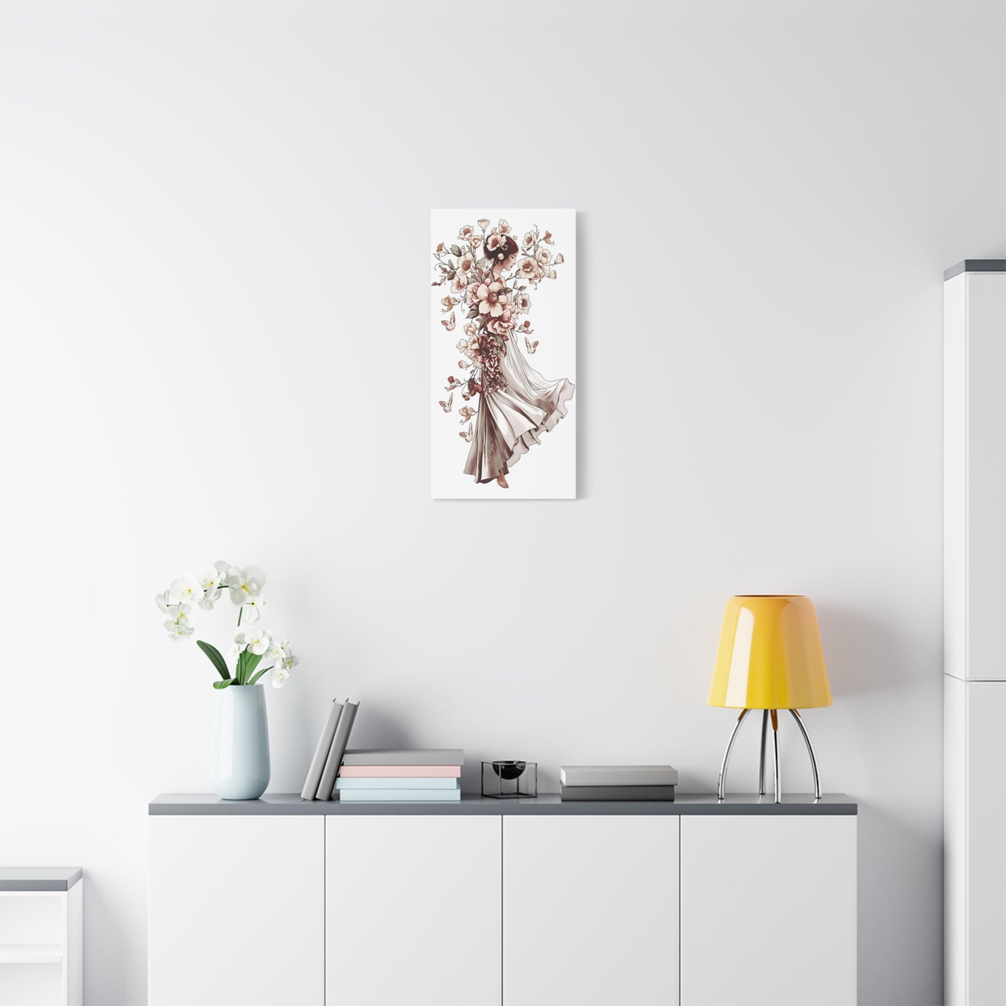 Poetic sepia dancer woven from flowers: 15″ x 30″ | 38.10 cm x 76.20 cm canvas print with Depth 1.25″ | 3.18 cm.