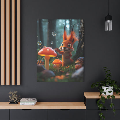 Niedliches Eichhörnchen & Pilz-Leinwandbild – Verspielte Wald-Wandkunst fürs Kinderzimmer