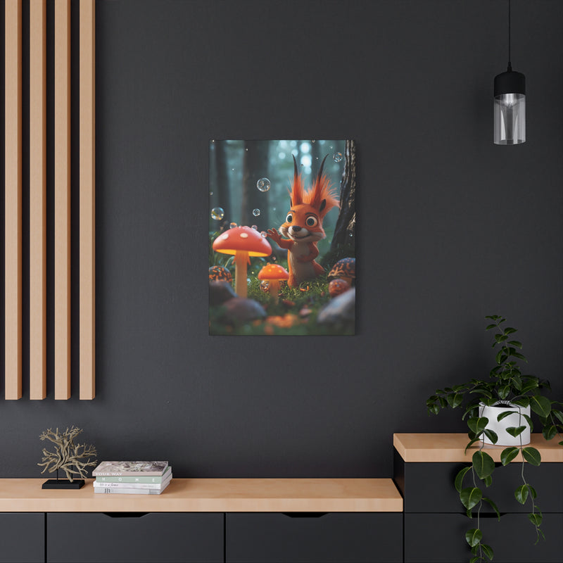 Cute Squirrel & Mushroom Canvas Print — Whimsical Forest Nursery Wall Art