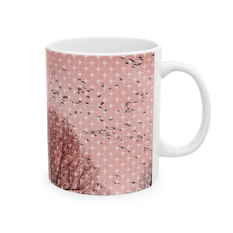 Birds at Dusk Ceramic Mug — Pink Tree Silhouette Coffee Mug (11oz & 15oz)