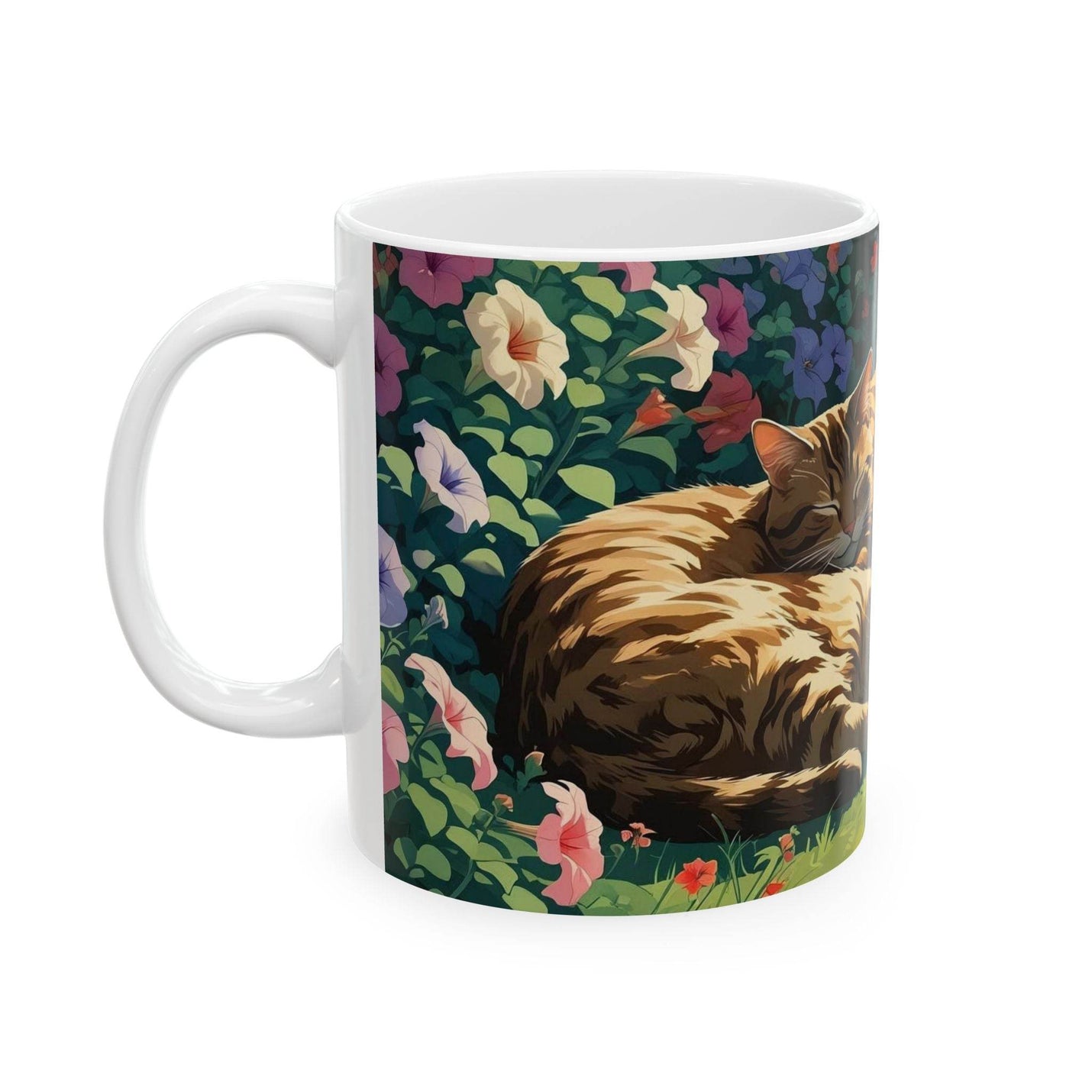 Beautiful 11oz pastel themed Coffee Mugs - Sleeping Cats in the Garden Design filled with warm morning tea.